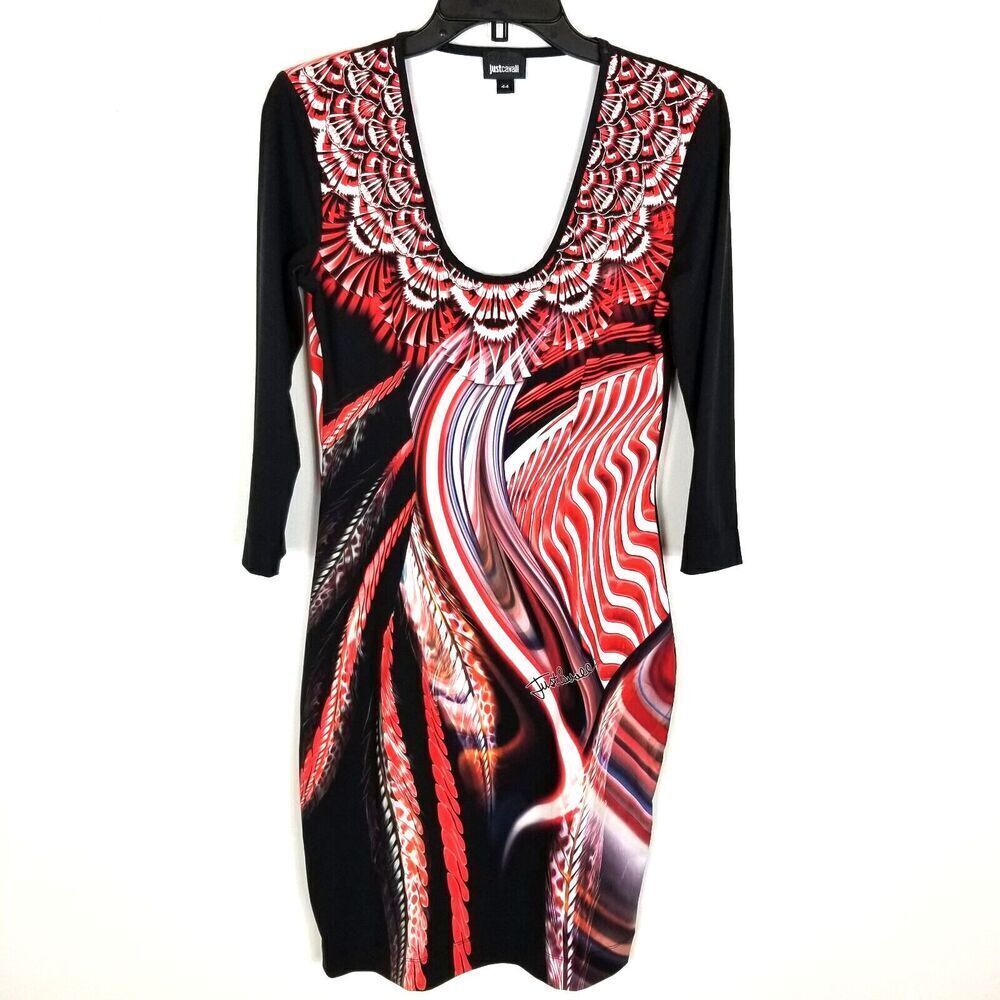 Just‎ Cavali Women Abstract Printed Pencil Dress size 44 US 8 Red Black Red